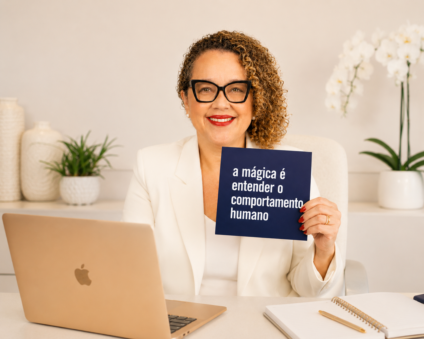 Lígia Gonçalves em seu ambiente de trabalho segurando a frase: a mágica é entender o comportamento humano